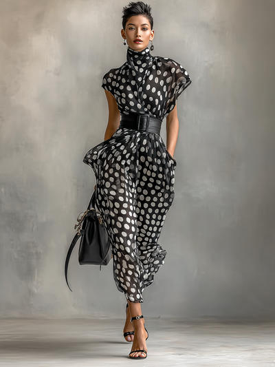 Maxi Chiffon Dress with Polka Dot Print and High Neck