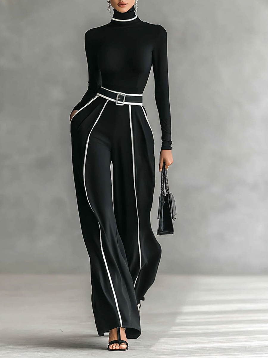 Two-piece women's set with a high-neck long-sleeve top, wide-leg pants, and belt