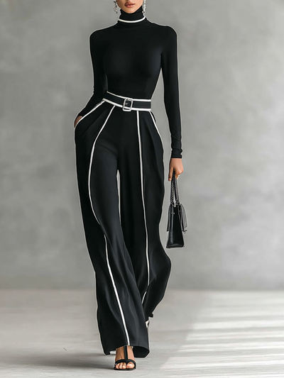 Two-piece women's set with a high-neck long-sleeve top, wide-leg pants, and belt