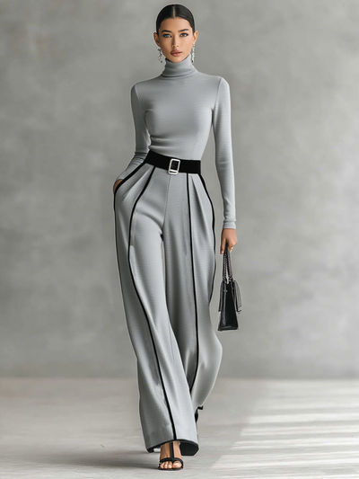 Two-piece women's set with a high-neck long-sleeve top, wide-leg pants, and belt