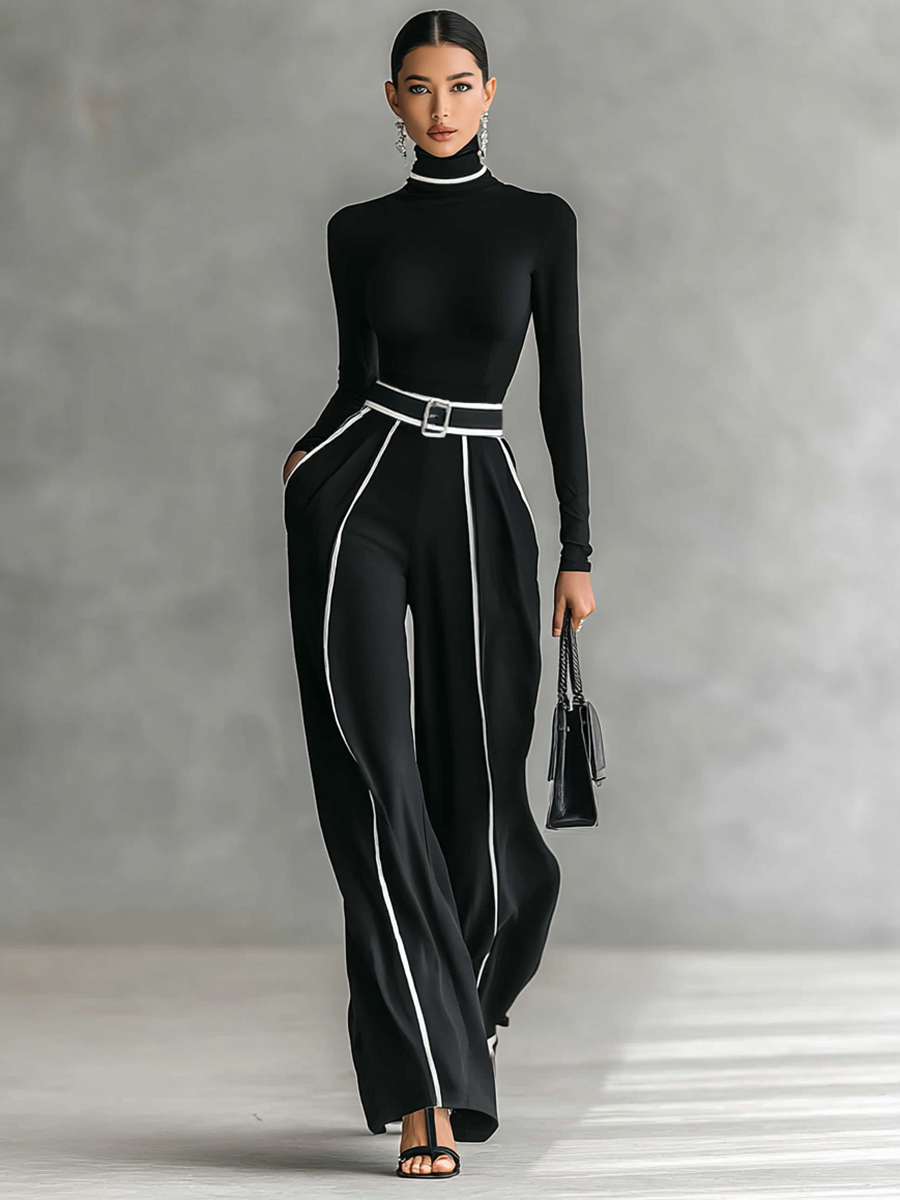 Two-piece women's set with a high-neck long-sleeve top, wide-leg pants, and belt
