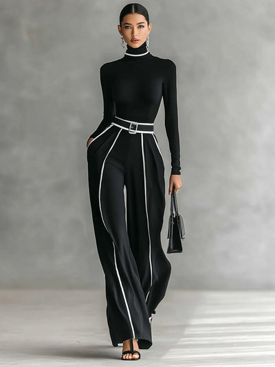 Two-piece women's set with a high-neck long-sleeve top, wide-leg pants, and belt