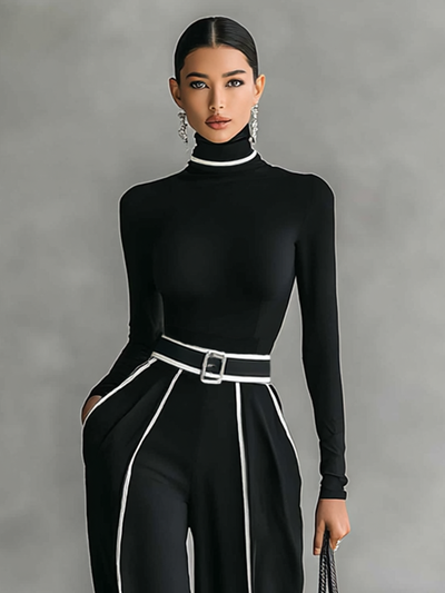 Two-piece women's set with a high-neck long-sleeve top, wide-leg pants, and belt