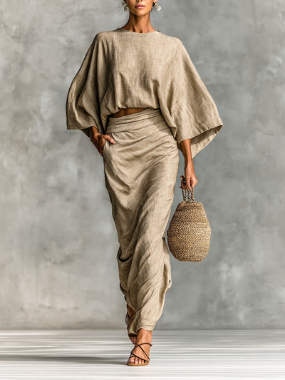 Two-Piece Set Long Skirt Batwing Sleeve Cotton and Linen