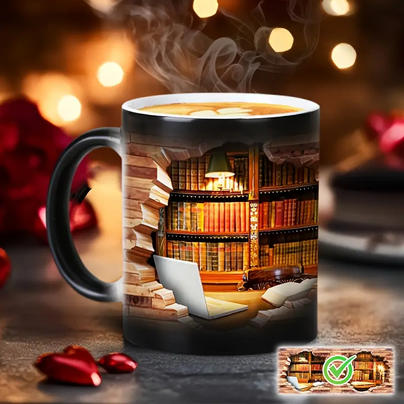 Cozy Library Escape Heat-Reveal Ceramic Mug - Magical Bookshelf Coffee Cup