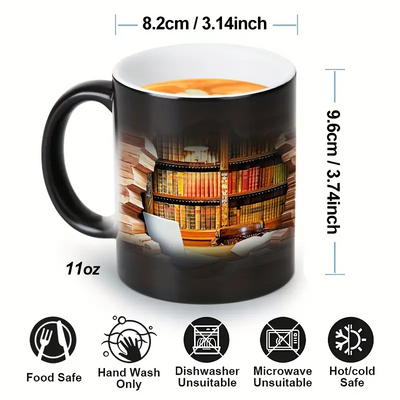 Cozy Library Escape Heat-Reveal Ceramic Mug - Magical Bookshelf Coffee Cup
