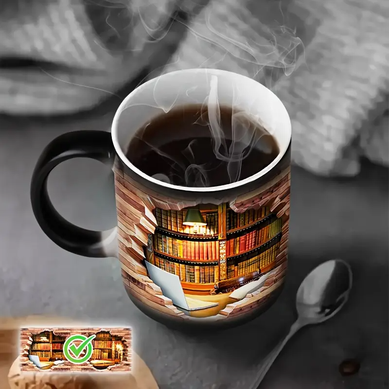 Cozy Library Escape Heat-Reveal Ceramic Mug - Magical Bookshelf Coffee Cup