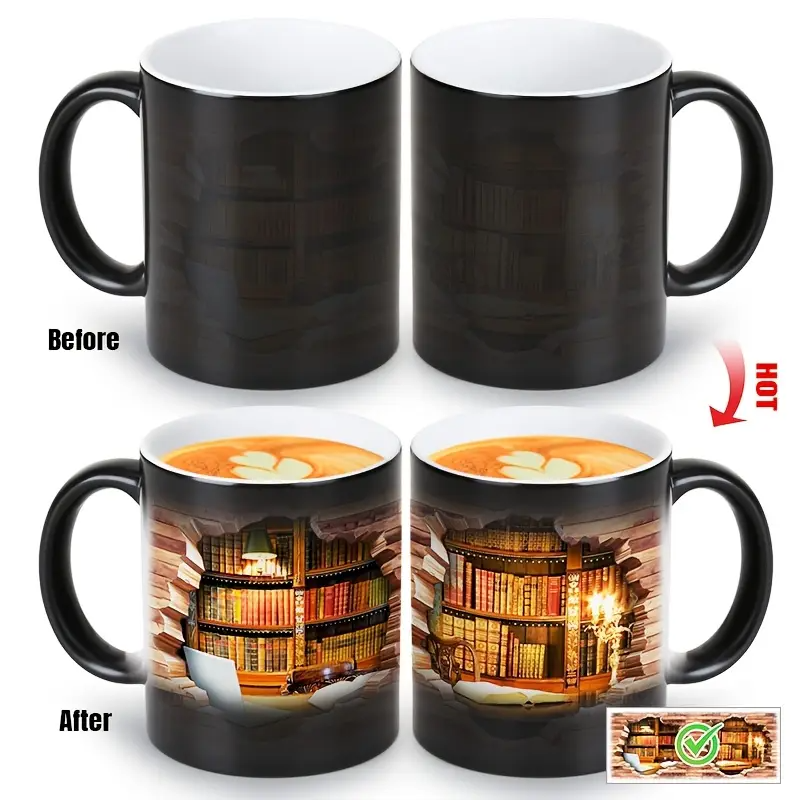 Cozy Library Escape Heat-Reveal Ceramic Mug - Magical Bookshelf Coffee Cup