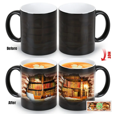 Cozy Library Escape Heat-Reveal Ceramic Mug - Magical Bookshelf Coffee Cup