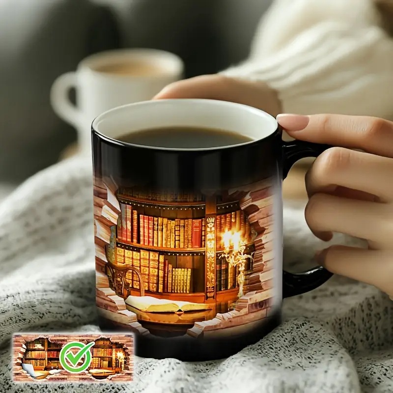 Cozy Library Escape Heat-Reveal Ceramic Mug - Magical Bookshelf Coffee Cup