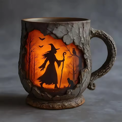 Handmade 3D Halloween Mug – Witch & Cat Design