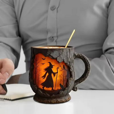 Handmade 3D Halloween Mug – Witch & Cat Design