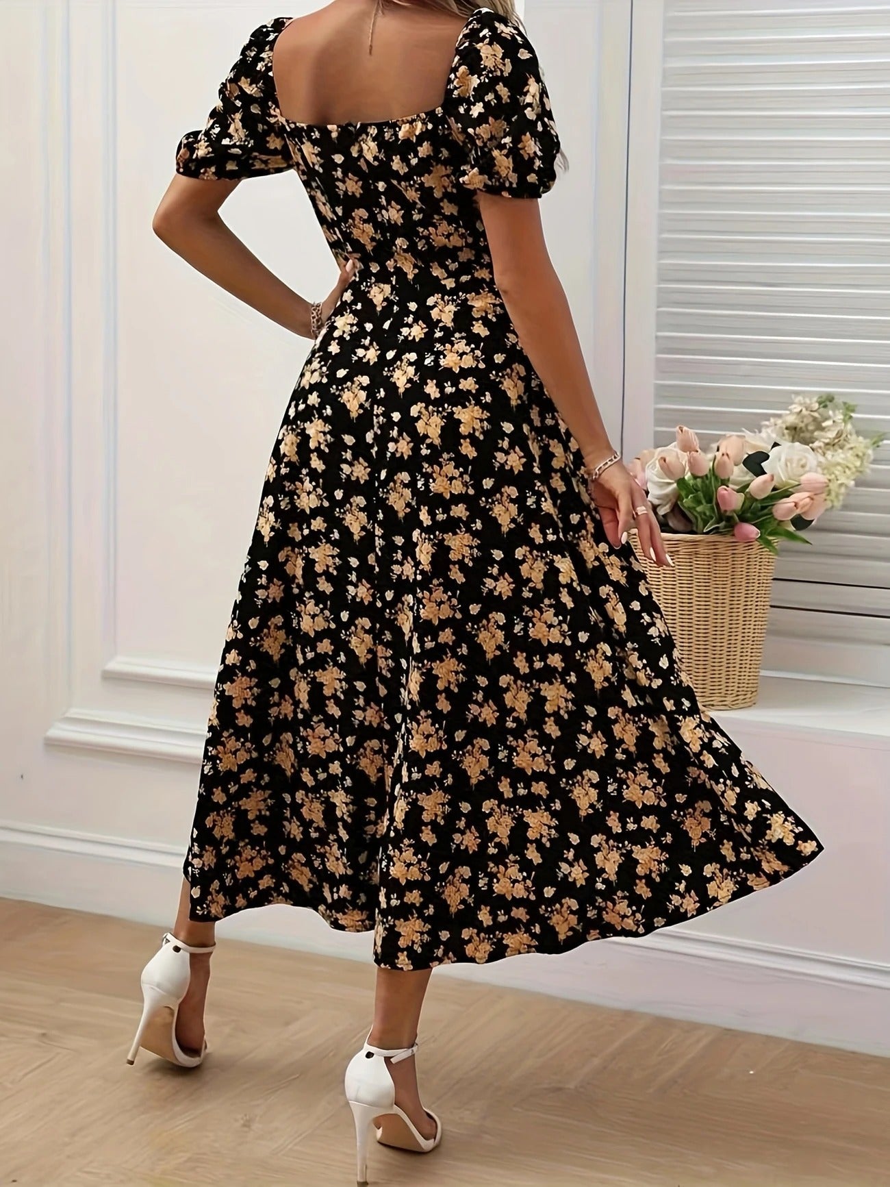 Luna’s Whimsical Bloom Sweetheart Slit Midi Dress