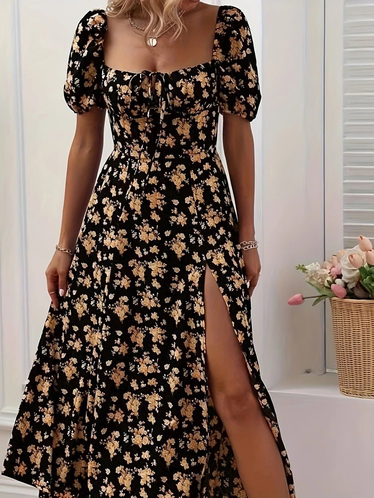 Luna’s Whimsical Bloom Sweetheart Slit Midi Dress