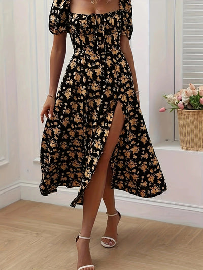 Luna’s Whimsical Bloom Sweetheart Slit Midi Dress