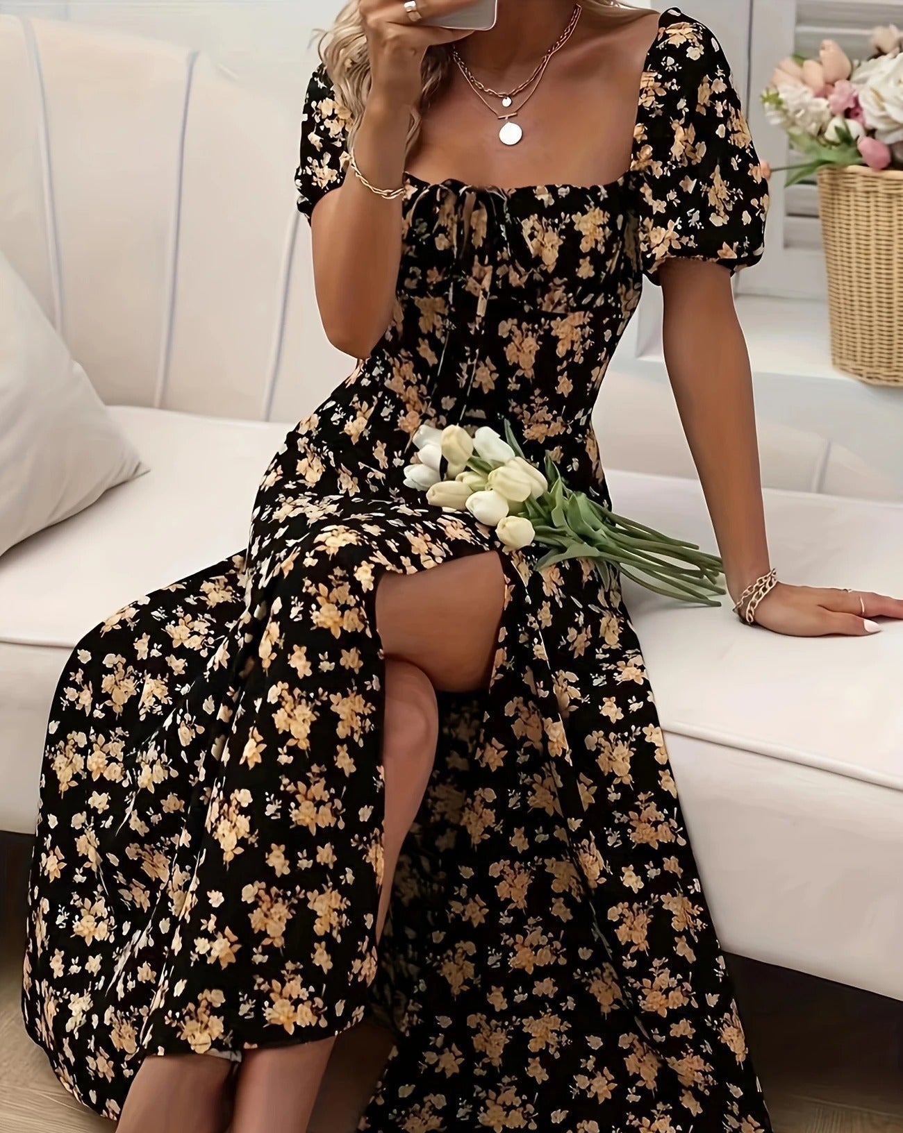 Luna’s Whimsical Bloom Sweetheart Slit Midi Dress