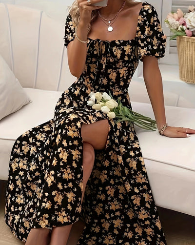 Luna’s Whimsical Bloom Sweetheart Slit Midi Dress