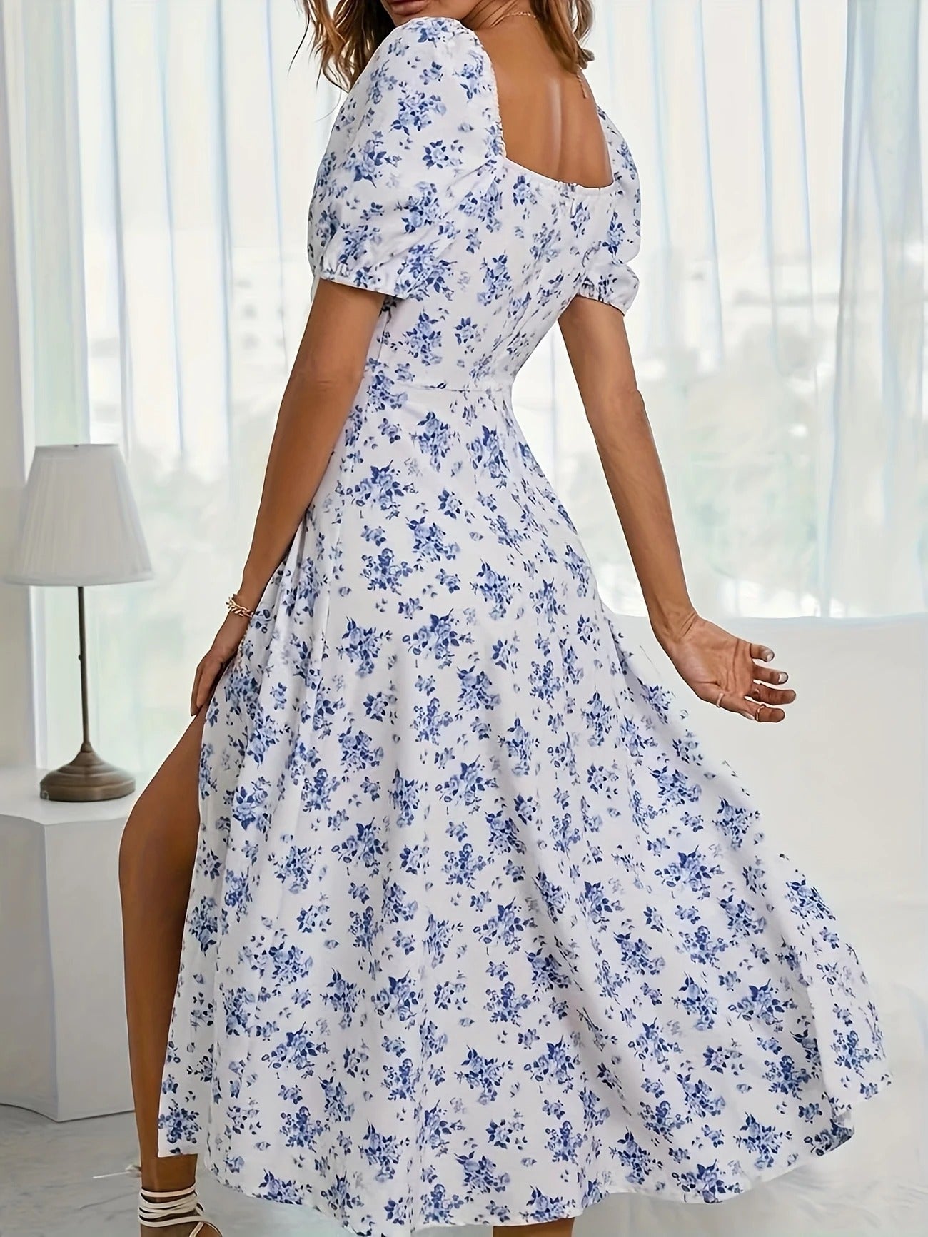 Luna’s Whimsical Bloom Sweetheart Slit Midi Dress