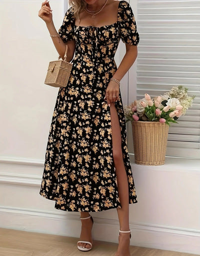 Luna’s Whimsical Bloom Sweetheart Slit Midi Dress