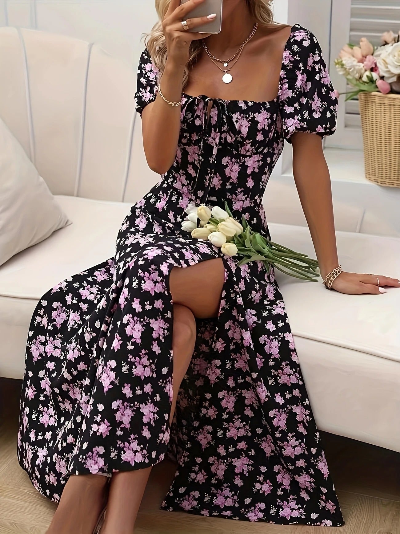 Luna’s Whimsical Bloom Sweetheart Slit Midi Dress