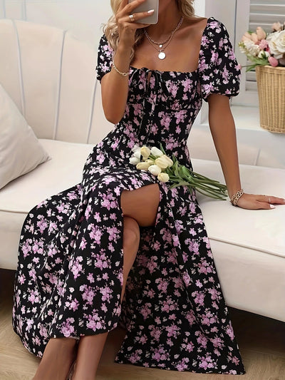 Luna’s Whimsical Bloom Sweetheart Slit Midi Dress