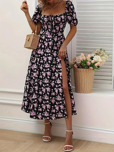 Luna’s Whimsical Bloom Sweetheart Slit Midi Dress