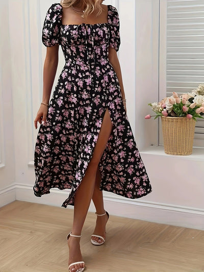 Luna’s Whimsical Bloom Sweetheart Slit Midi Dress