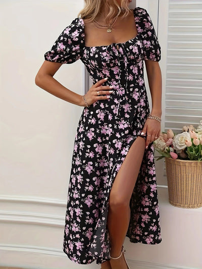 Luna’s Whimsical Bloom Sweetheart Slit Midi Dress