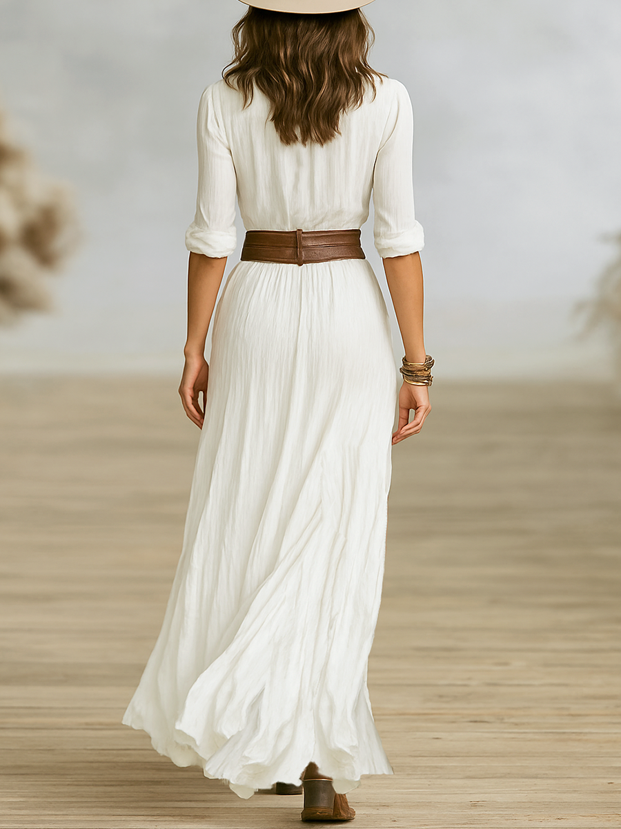 Long Maxi Dress for Women in Cotton and Linen with Lapel Collar