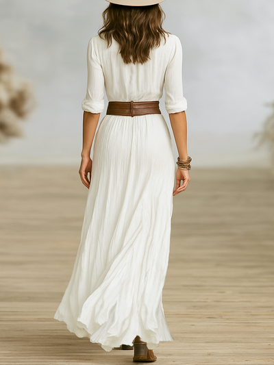 Long Maxi Dress for Women in Cotton and Linen with Lapel Collar