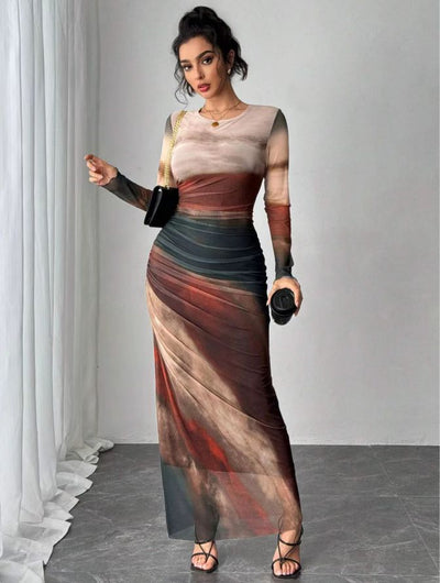 TORINA™ - Comfy Printed Long Sleeve Round Neck Bodycon Maxi Dress