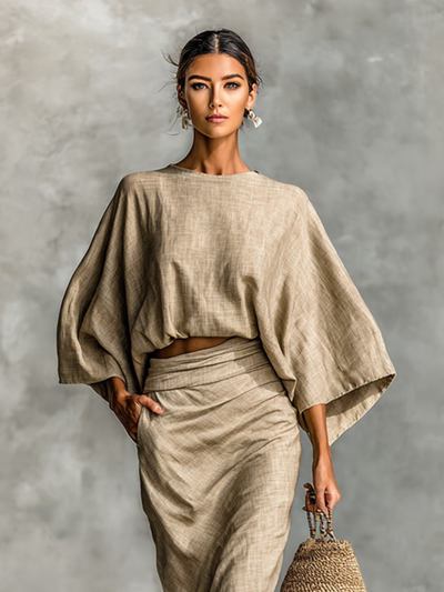 Two-Piece Set Long Skirt Batwing Sleeve Cotton and Linen