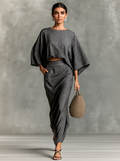 Two-Piece Set Long Skirt Batwing Sleeve Cotton and Linen